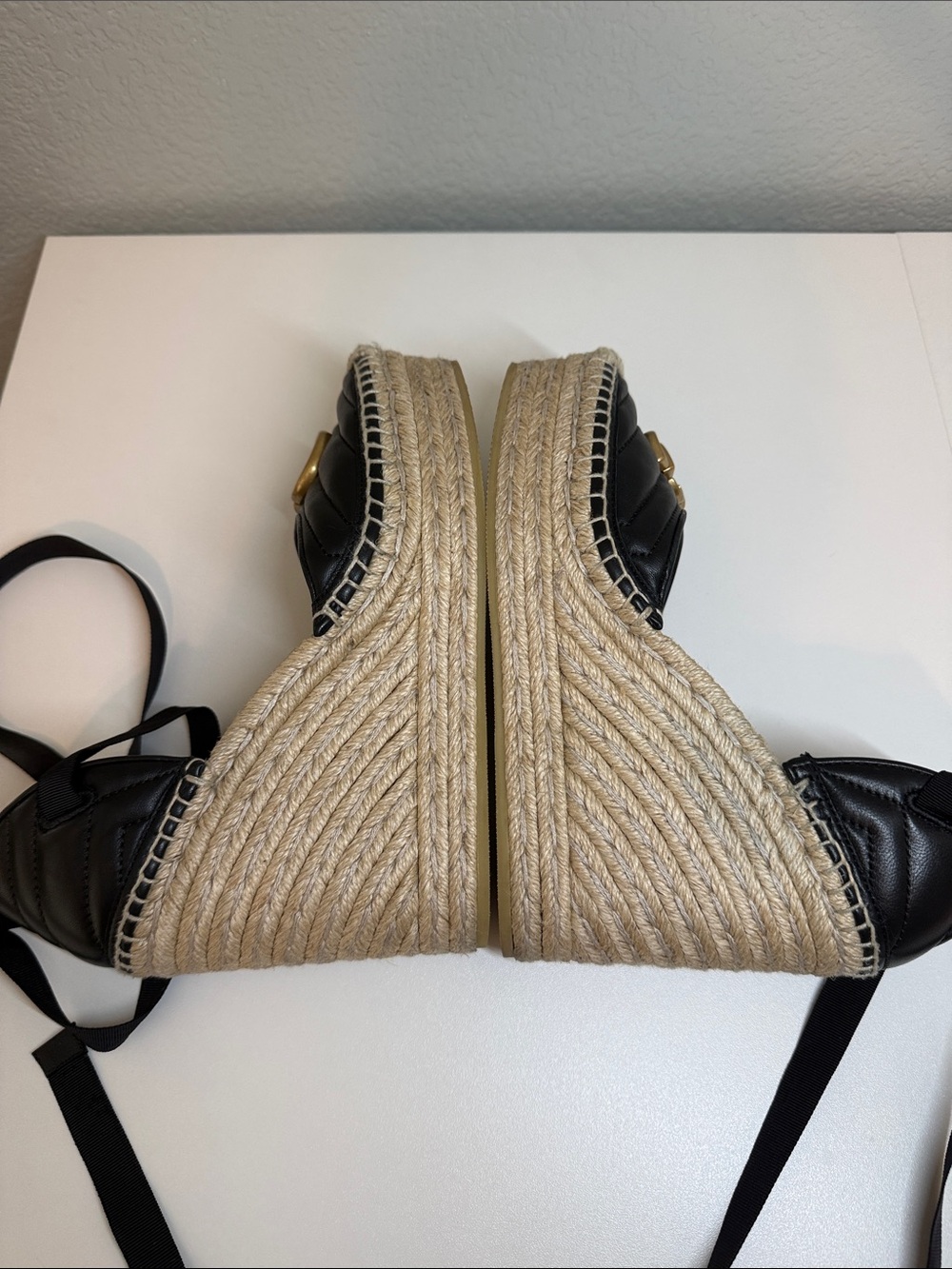 Gucci Black Leather GG Espadrille Wedges with Ribbon Ties - Picture 9 of 14